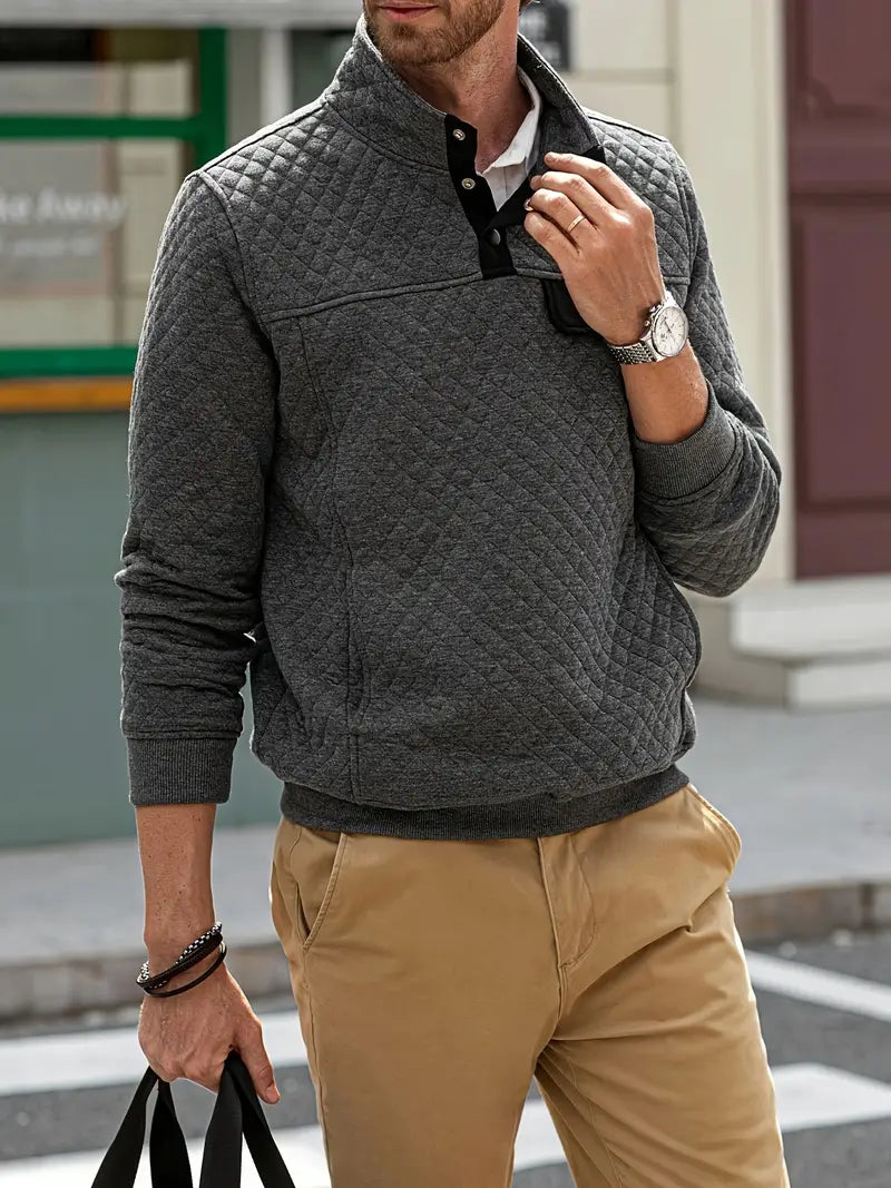 Lykka | Heren sweater met gewatteerde opstaande kraag en halve knopen – Casual herfst-wintertrui