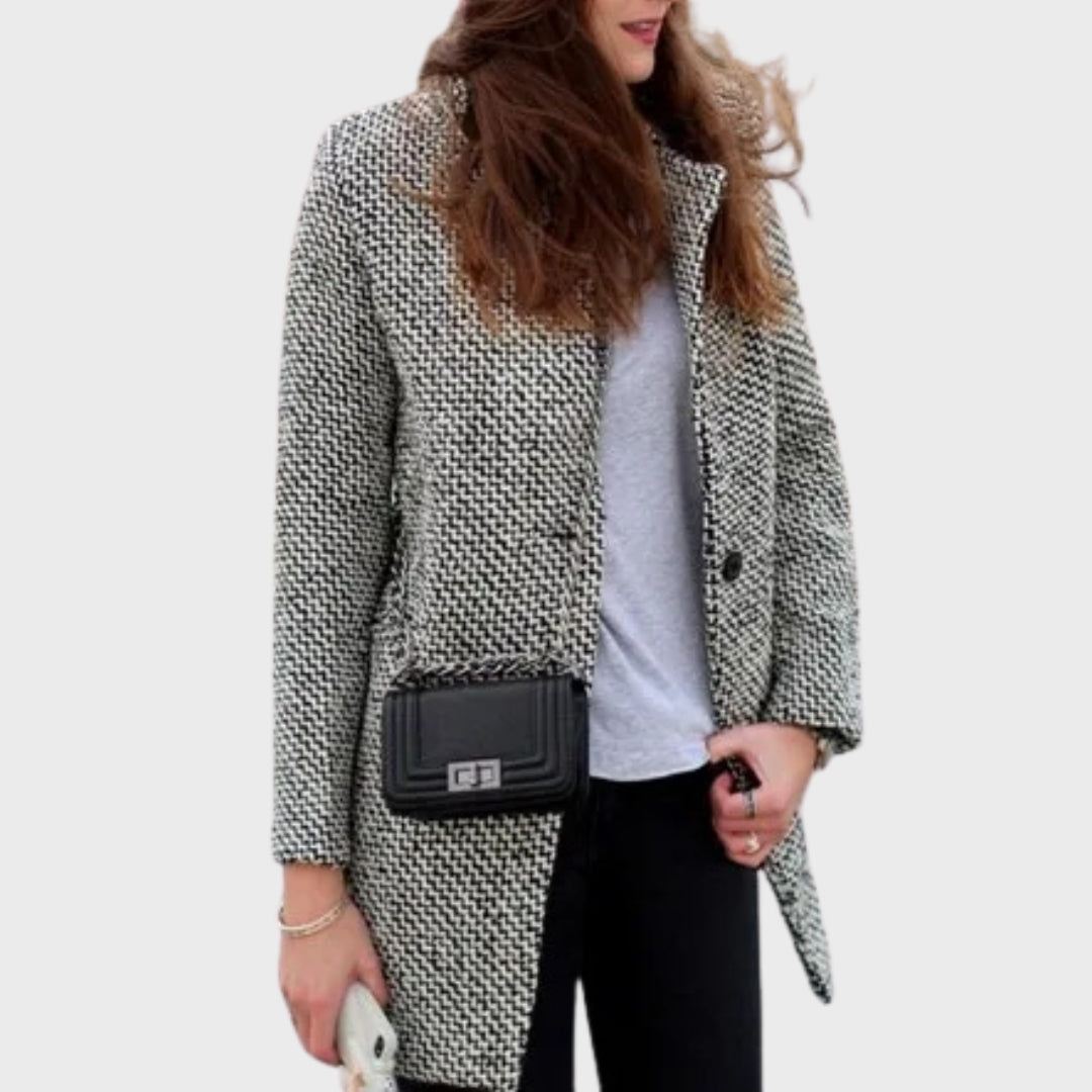 Pyrrha | Houndstooth wollen jas – Elegante herfstjas met lange mouwen voor dames