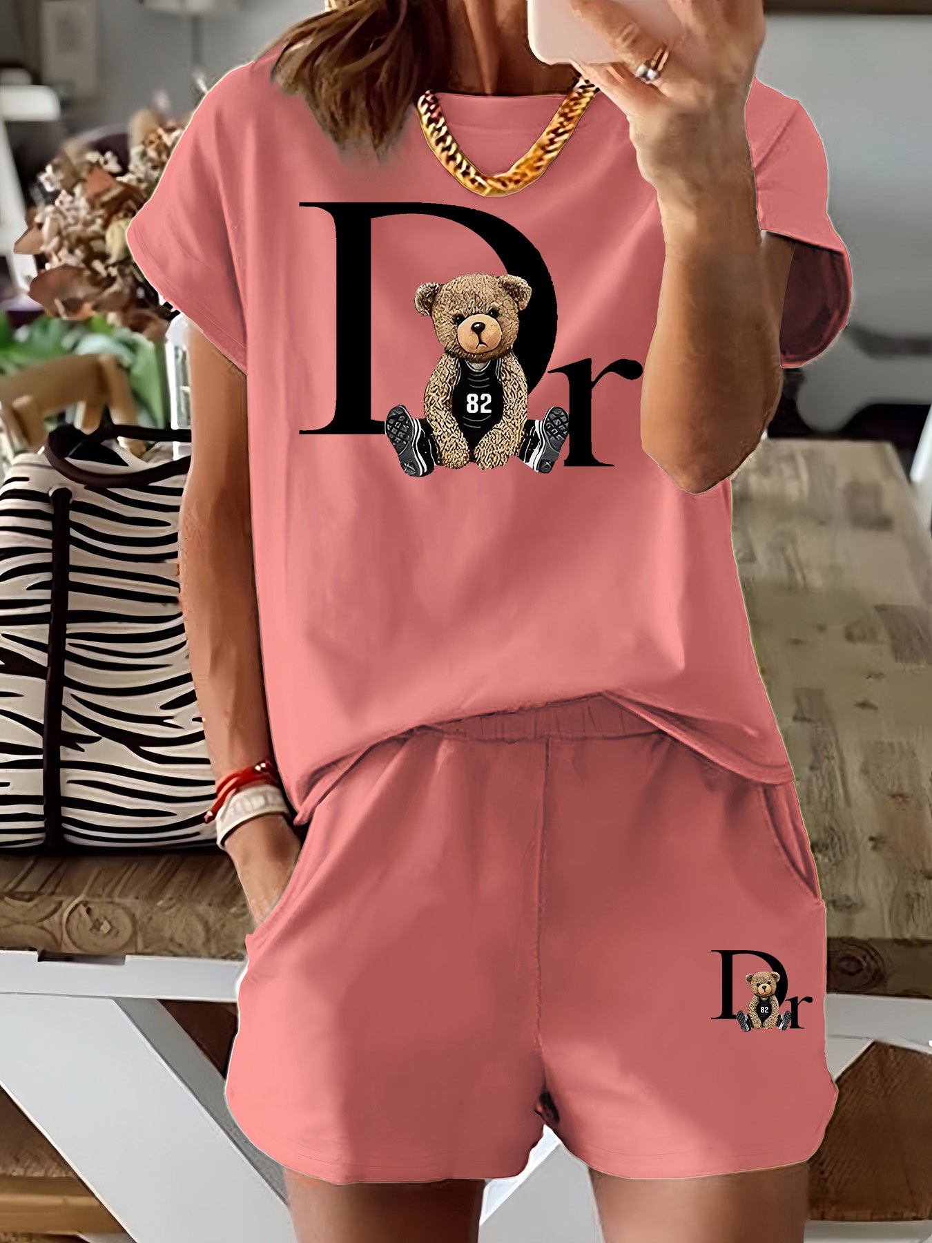 Delora | Dames 2-delige set met grafische print - T-shirt met korte mouwen & koordshort