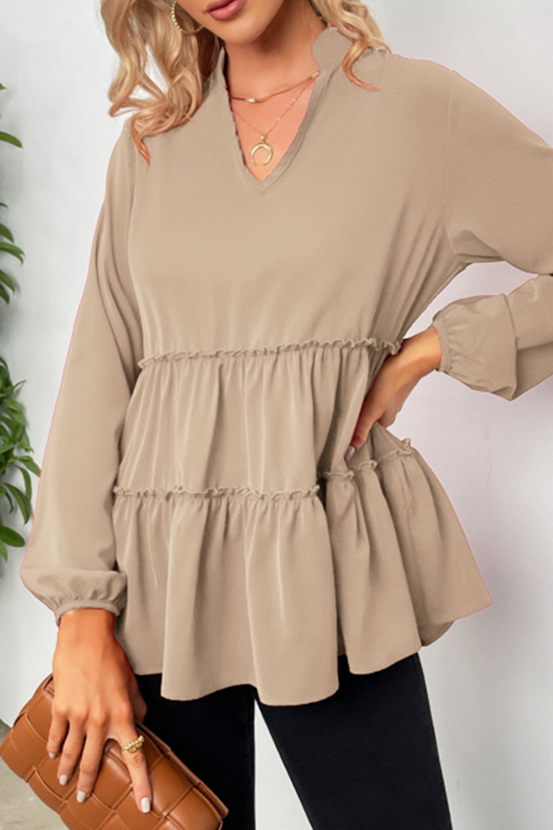 Nicasia | Losse V-hals Blouse met Lange Mouwen en Ruches voor Vrouwen - Stijlvolle & Comfortabele Casual Top