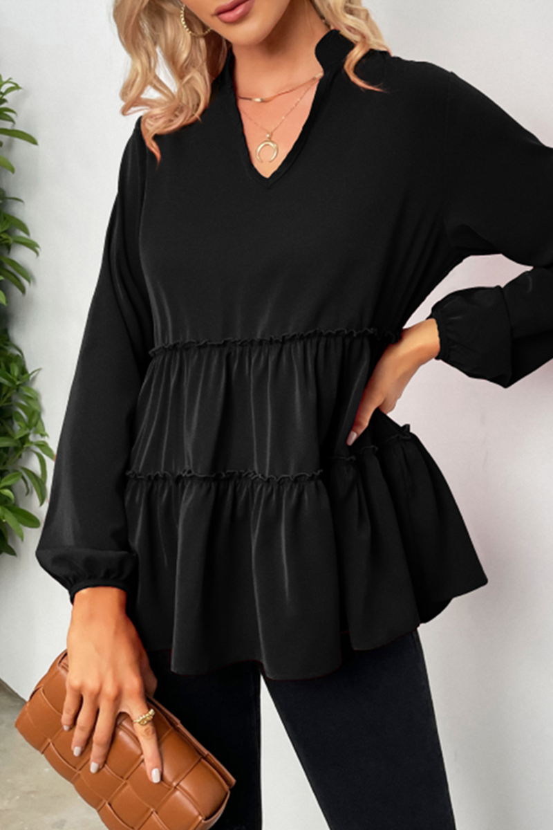 Nicasia | Losse V-hals Blouse met Lange Mouwen en Ruches voor Vrouwen - Stijlvolle & Comfortabele Casual Top