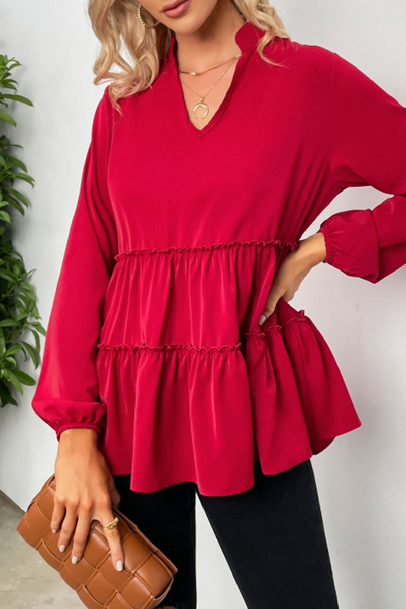 Nicasia | Losse V-hals Blouse met Lange Mouwen en Ruches voor Vrouwen - Stijlvolle & Comfortabele Casual Top