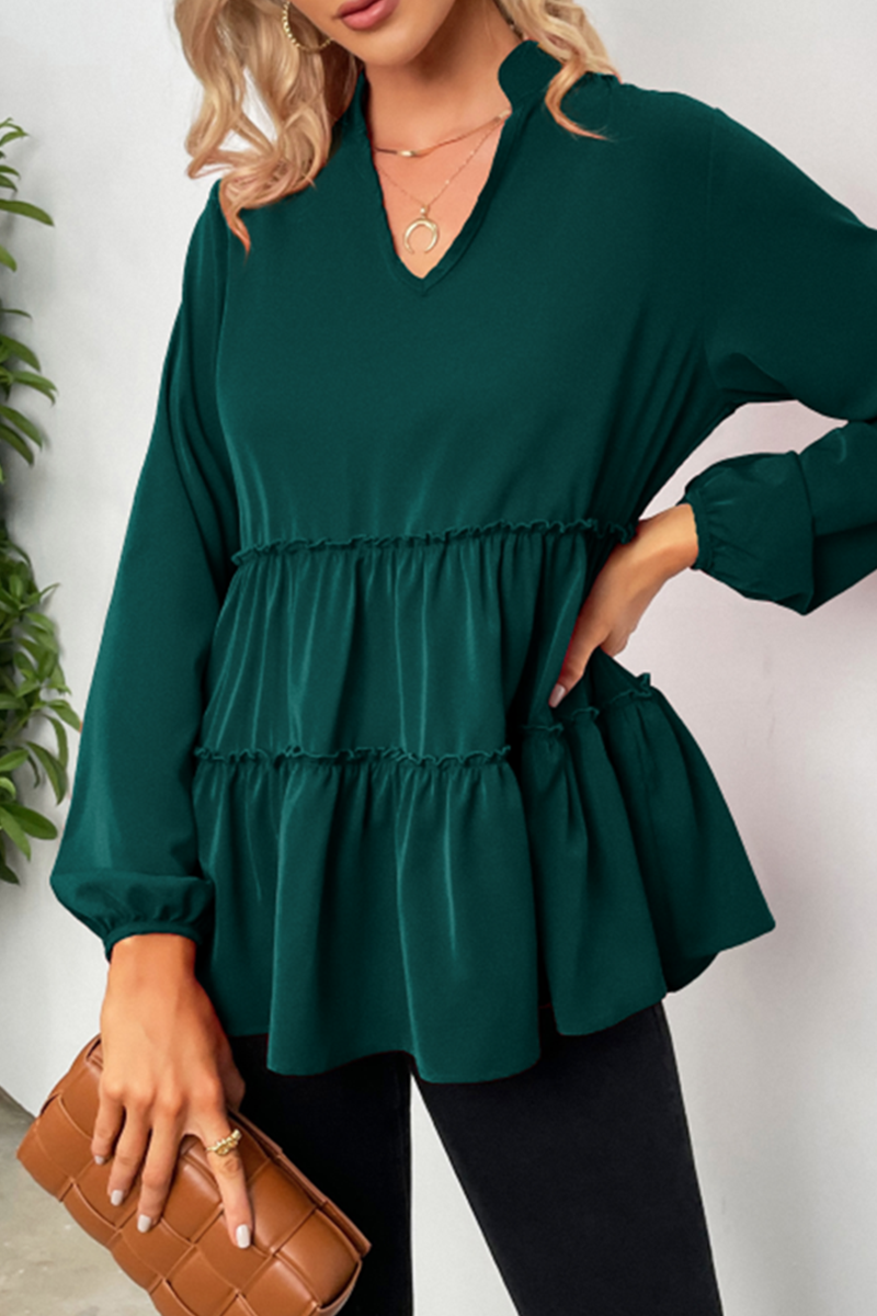 Nicasia | Losse V-hals Blouse met Lange Mouwen en Ruches voor Vrouwen - Stijlvolle & Comfortabele Casual Top
