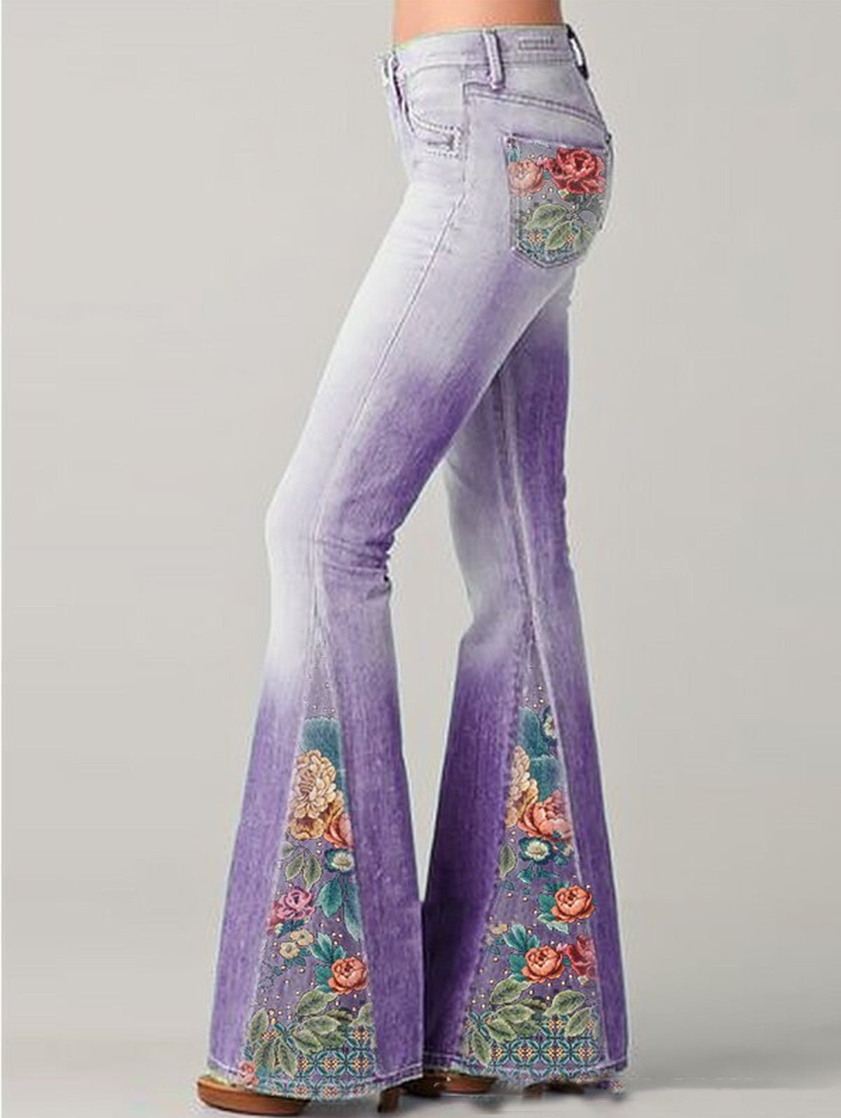Olyndra | Damesflared jeans - met bloemenaccent, hoog uitgesneden denim flare