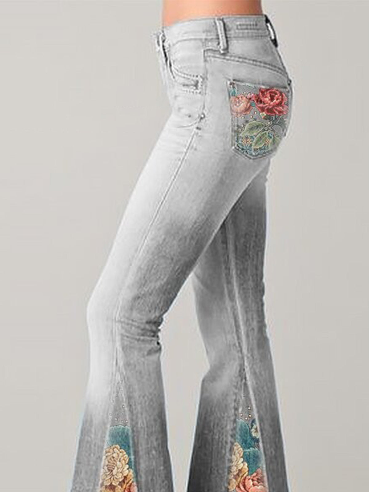 Olyndra | Damesflared jeans - met bloemenaccent, hoog uitgesneden denim flare