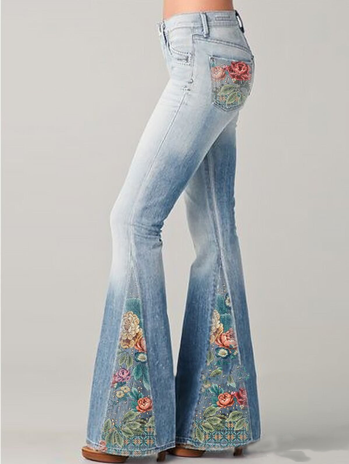 Olyndra | Damesflared jeans - met bloemenaccent, hoog uitgesneden denim flare