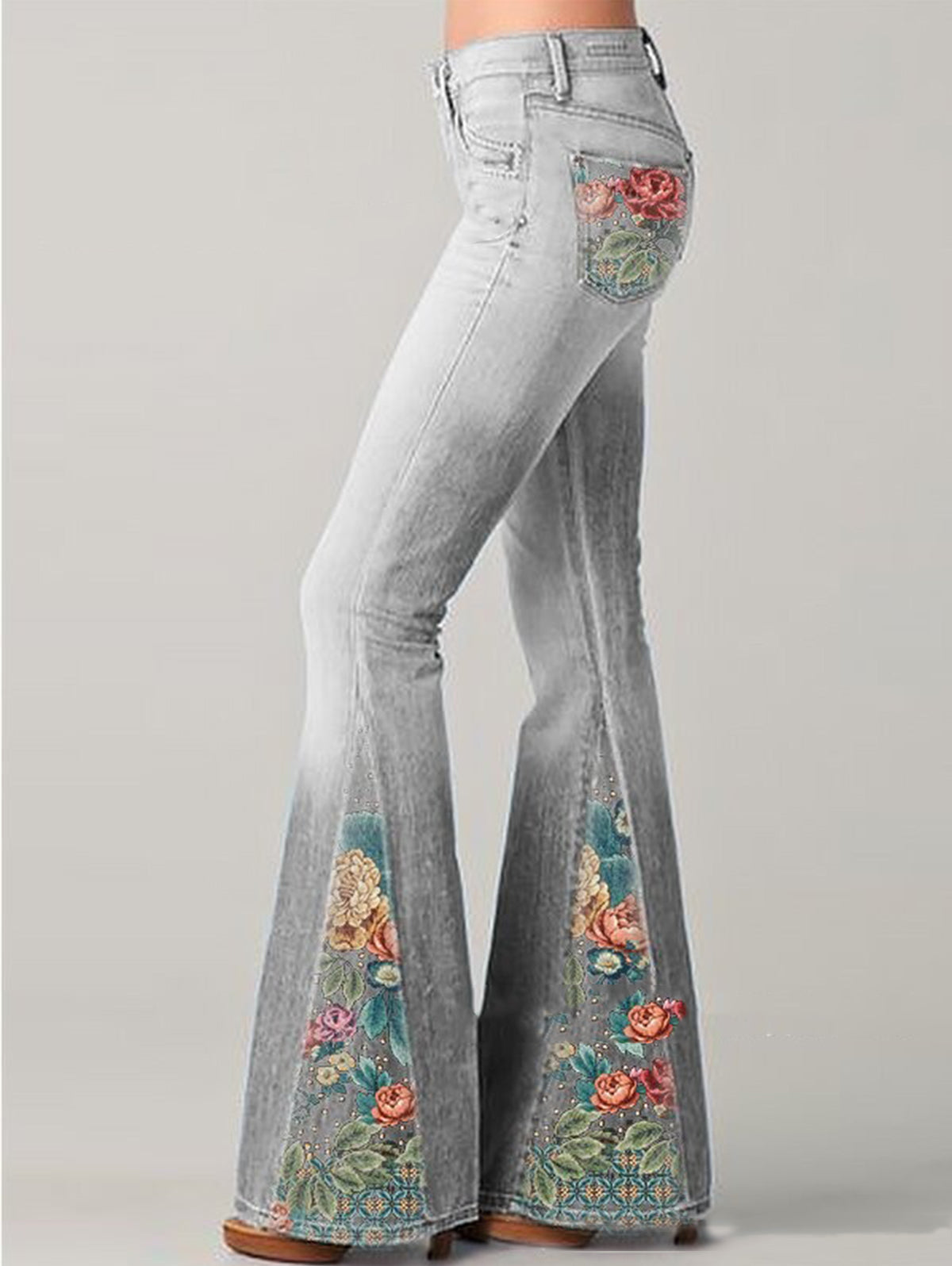 Olyndra | Damesflared jeans - met bloemenaccent, hoog uitgesneden denim flare