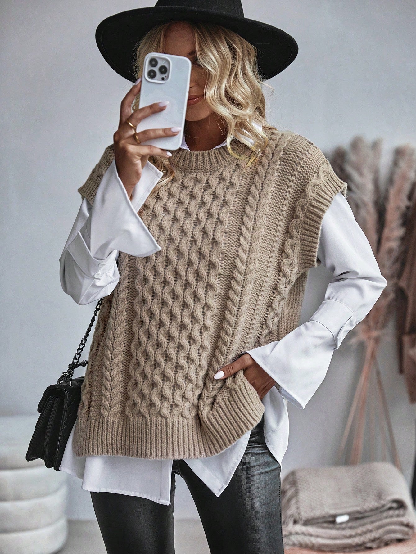 Bravelle | Dames Vest met Kabelgebreide Trui - Korte Mouw, Lichtgewicht, Casual Gebreide Top