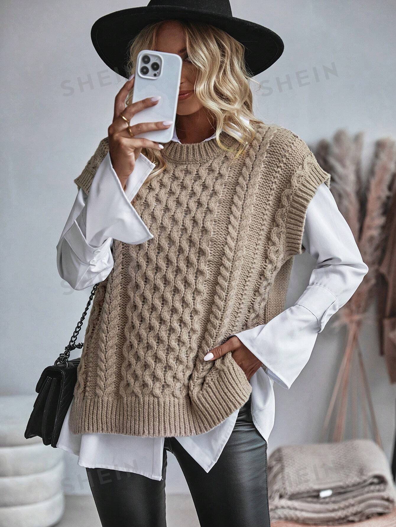 Bravelle | Dames Vest met Kabelgebreide Trui - Korte Mouw, Lichtgewicht, Casual Gebreide Top