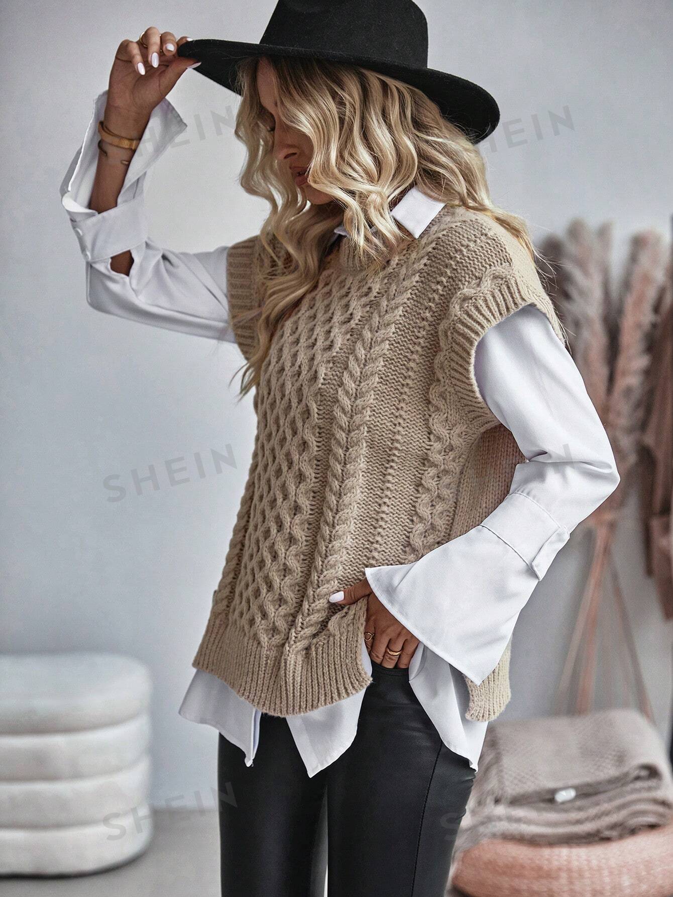 Bravelle | Dames Vest met Kabelgebreide Trui - Korte Mouw, Lichtgewicht, Casual Gebreide Top