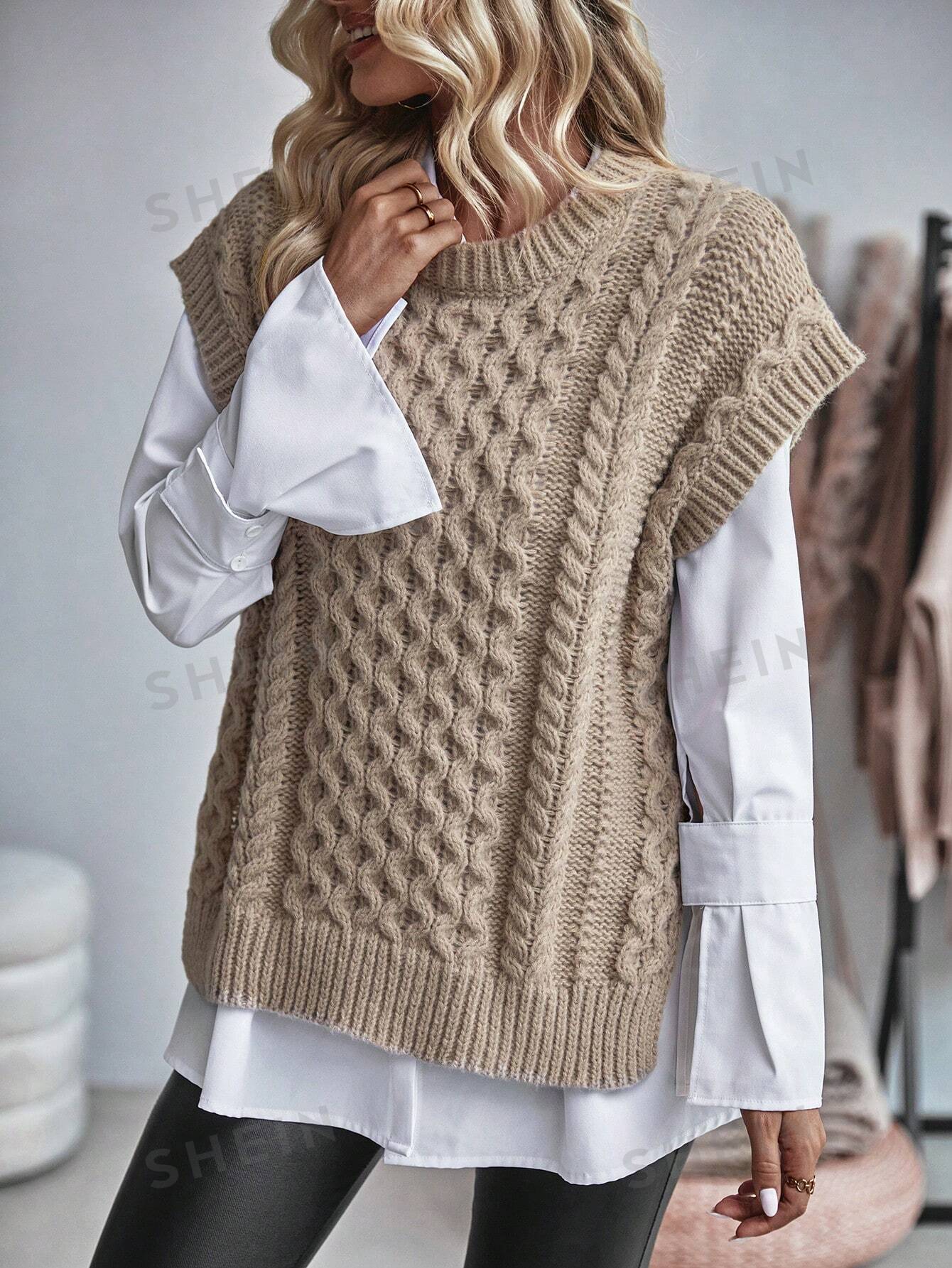 Bravelle | Dames Vest met Kabelgebreide Trui - Korte Mouw, Lichtgewicht, Casual Gebreide Top