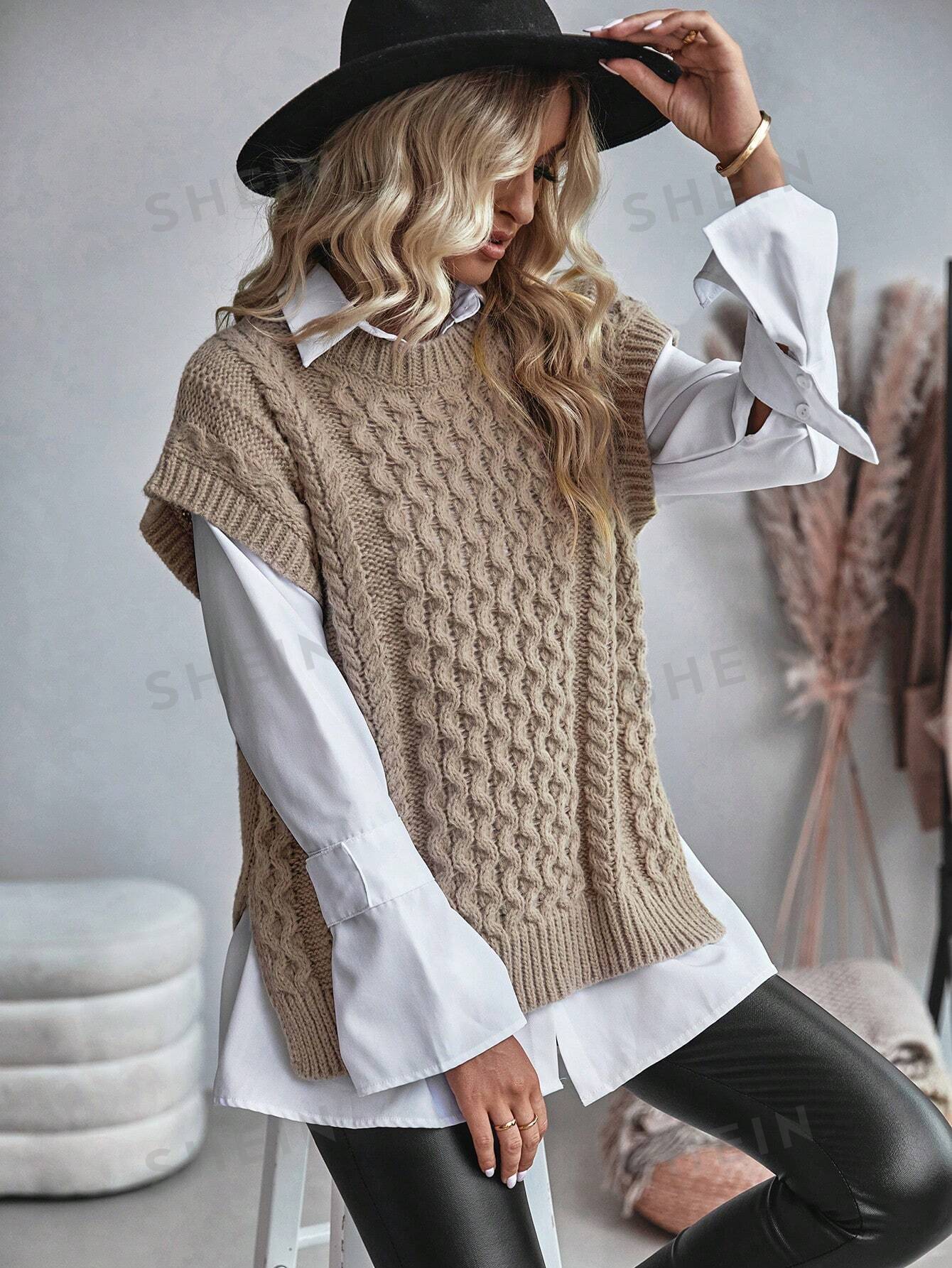 Bravelle | Dames Vest met Kabelgebreide Trui - Korte Mouw, Lichtgewicht, Casual Gebreide Top