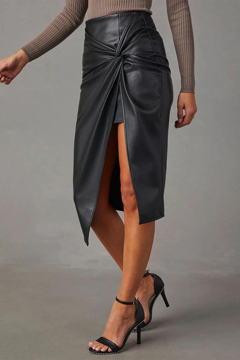 Valleria | Midi-rok met hoge taille van imitatieleer - elegante split, effen kleur, A-lijn pasvorm