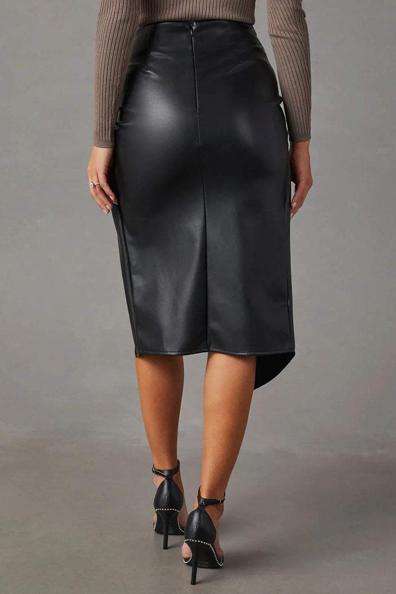 Valleria | Midi-rok met hoge taille van imitatieleer - elegante split, effen kleur, A-lijn pasvorm