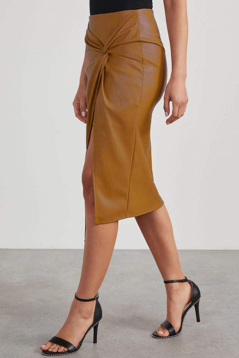 Valleria | Midi-rok met hoge taille van imitatieleer - elegante split, effen kleur, A-lijn pasvorm