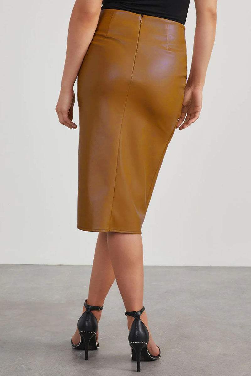 Valleria | Midi-rok met hoge taille van imitatieleer - elegante split, effen kleur, A-lijn pasvorm
