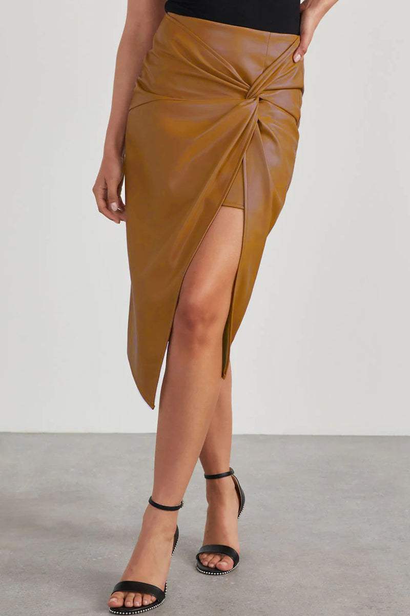 Valleria | Midi-rok met hoge taille van imitatieleer - elegante split, effen kleur, A-lijn pasvorm