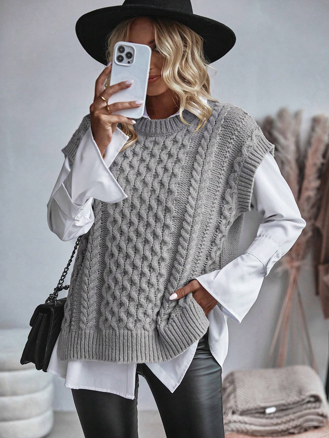 Bravelle | Dames Vest met Kabelgebreide Trui - Korte Mouw, Lichtgewicht, Casual Gebreide Top