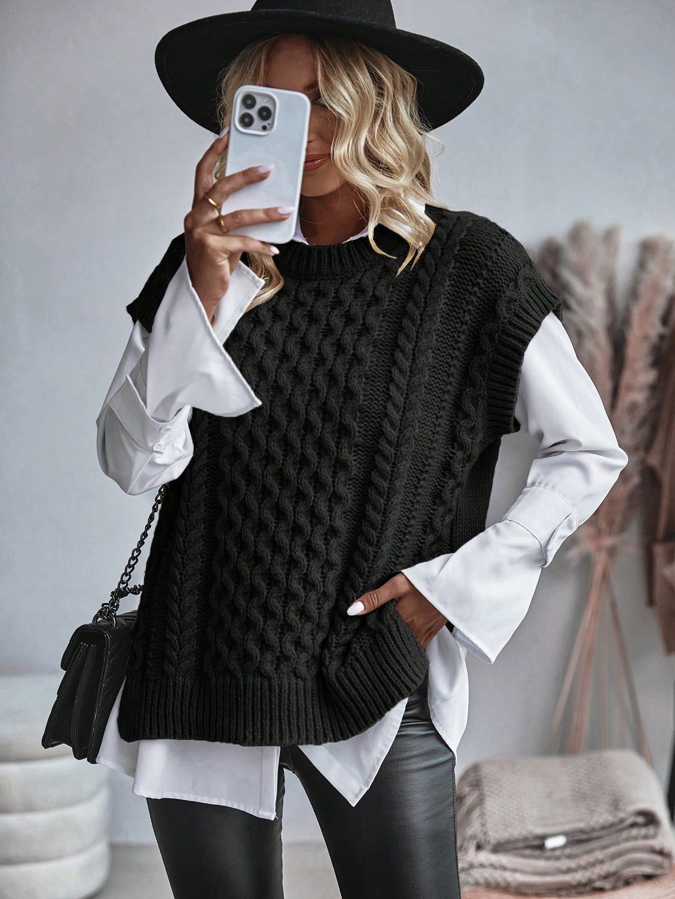 Bravelle | Dames Vest met Kabelgebreide Trui - Korte Mouw, Lichtgewicht, Casual Gebreide Top