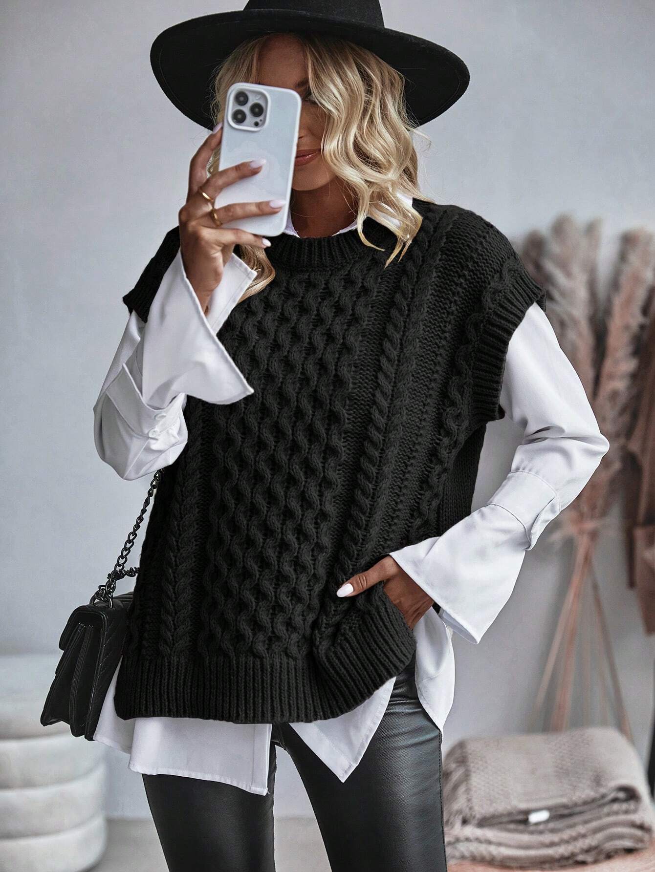 Bravelle | Dames Vest met Kabelgebreide Trui - Korte Mouw, Lichtgewicht, Casual Gebreide Top