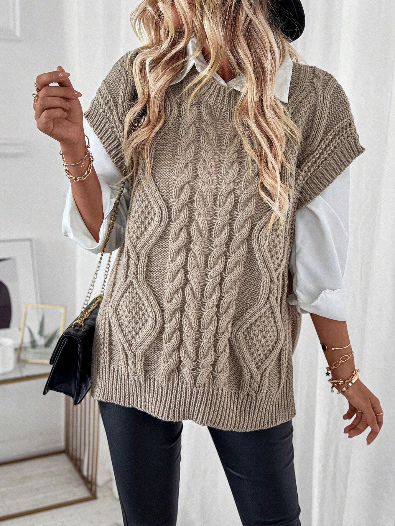 Bravelle | Dames Vest met Kabelgebreide Trui - Korte Mouw, Lichtgewicht, Casual Gebreide Top
