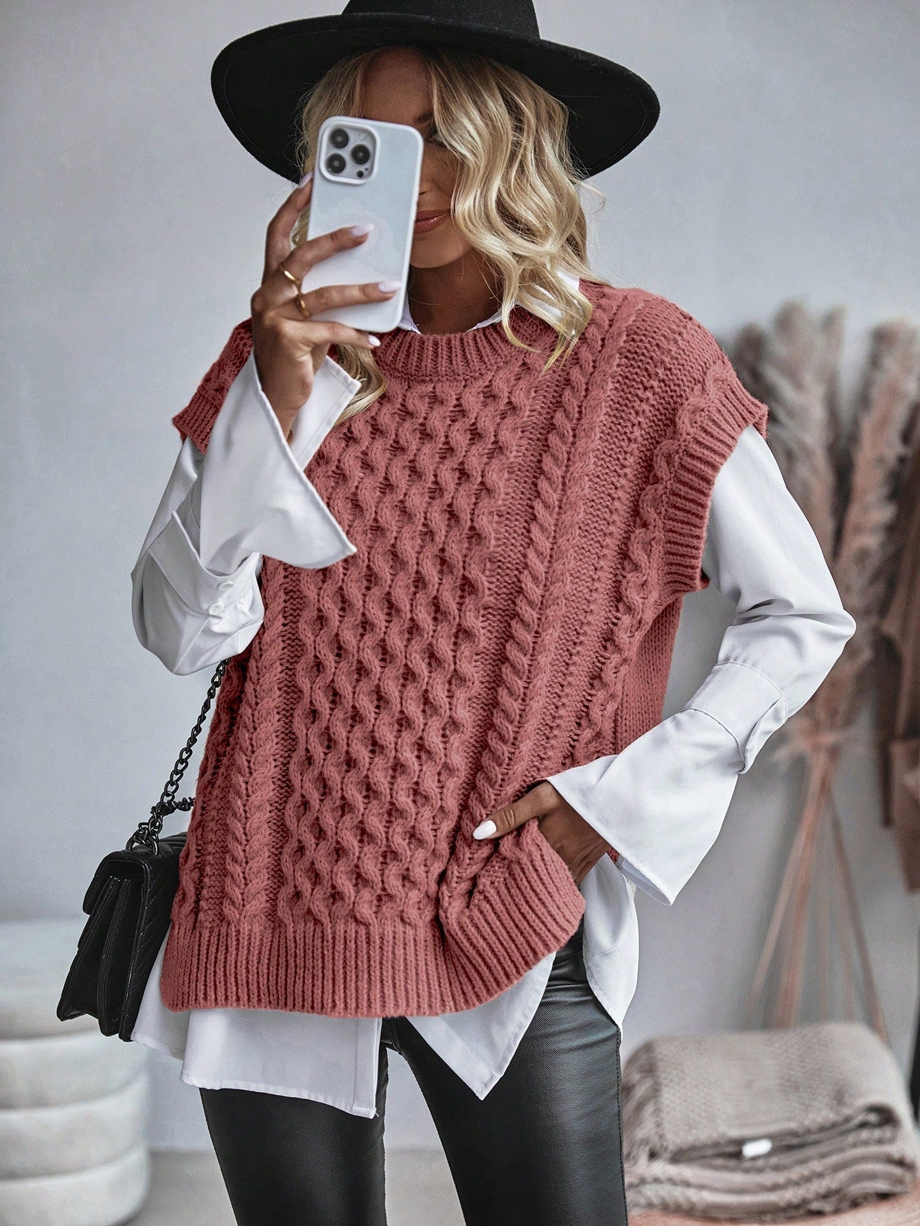 Bravelle | Dames Vest met Kabelgebreide Trui - Korte Mouw, Lichtgewicht, Casual Gebreide Top