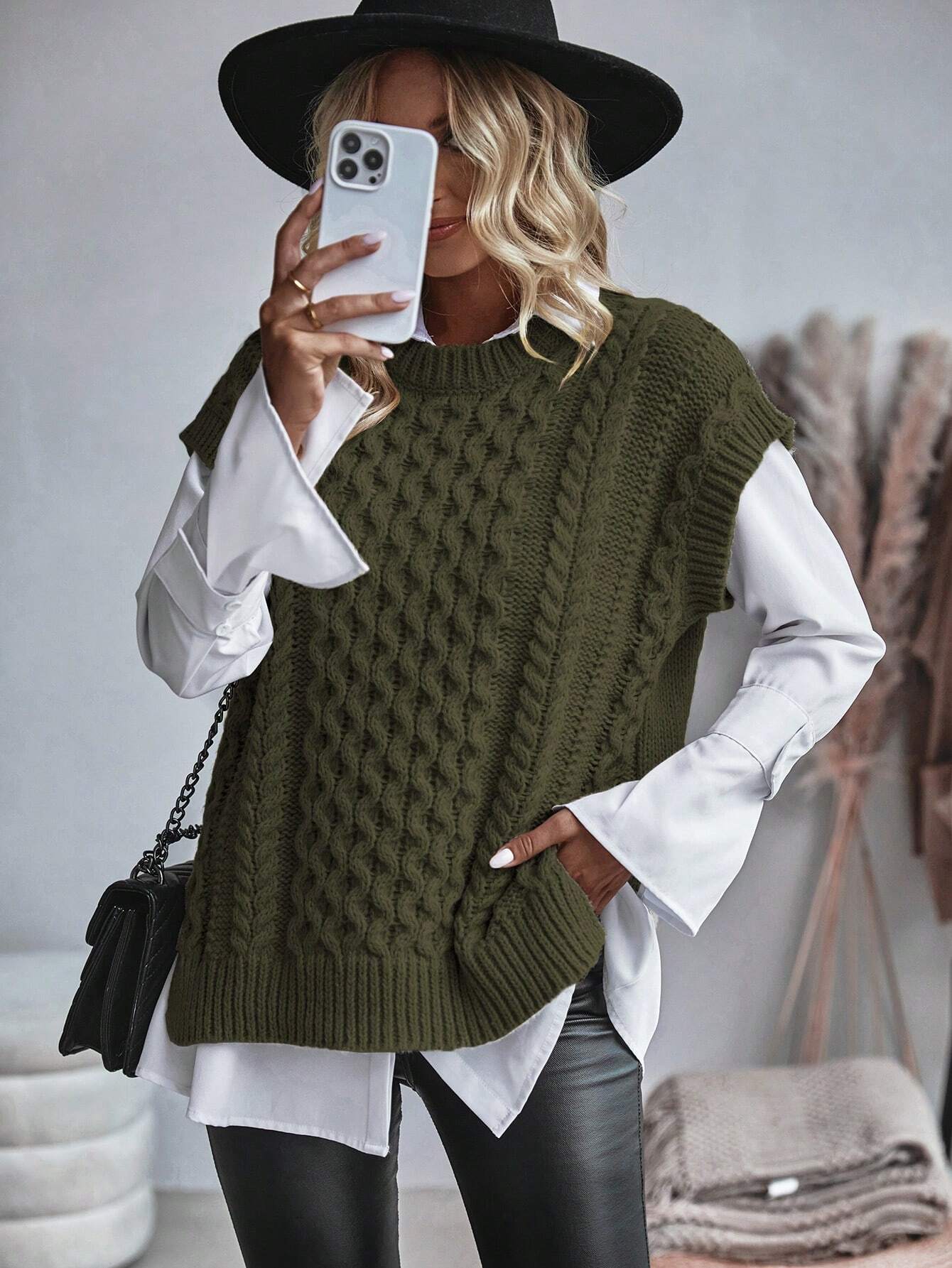 Bravelle | Dames Vest met Kabelgebreide Trui - Korte Mouw, Lichtgewicht, Casual Gebreide Top
