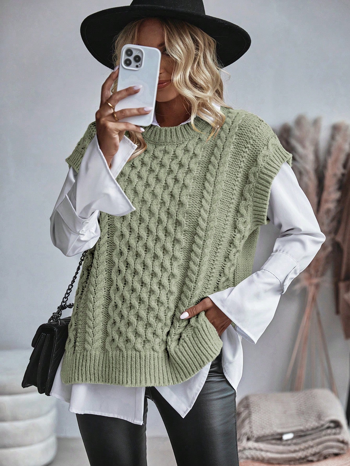 Bravelle | Dames Vest met Kabelgebreide Trui - Korte Mouw, Lichtgewicht, Casual Gebreide Top