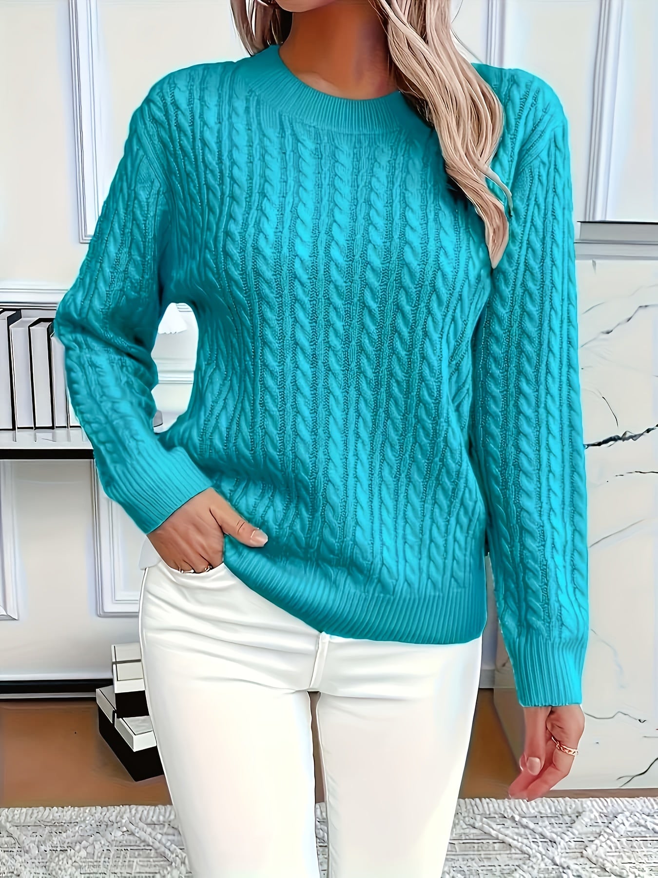 Valeris | Dames trui met kabeltjes en ronde hals – Elegante effen pullover, zacht en geschikt voor alle seizoenen