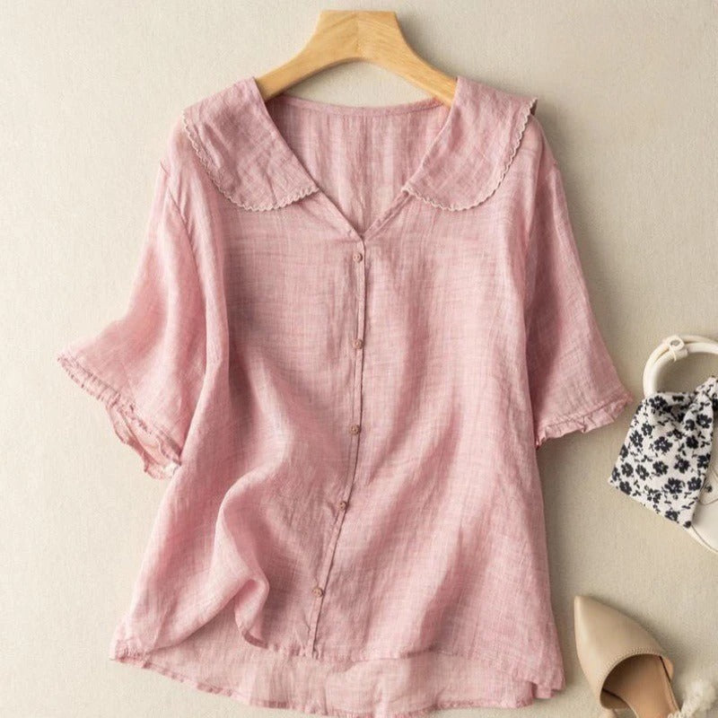 Irivara | Luchtige damesblouse met halflange mouwen – Geborduurde kraag, V-hals, knoopsluiting