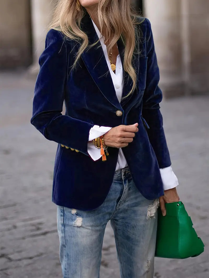 Petrina | Retro fluwelen blazer voor dames – Klassiek getailleerd jasje met gouden knopen
