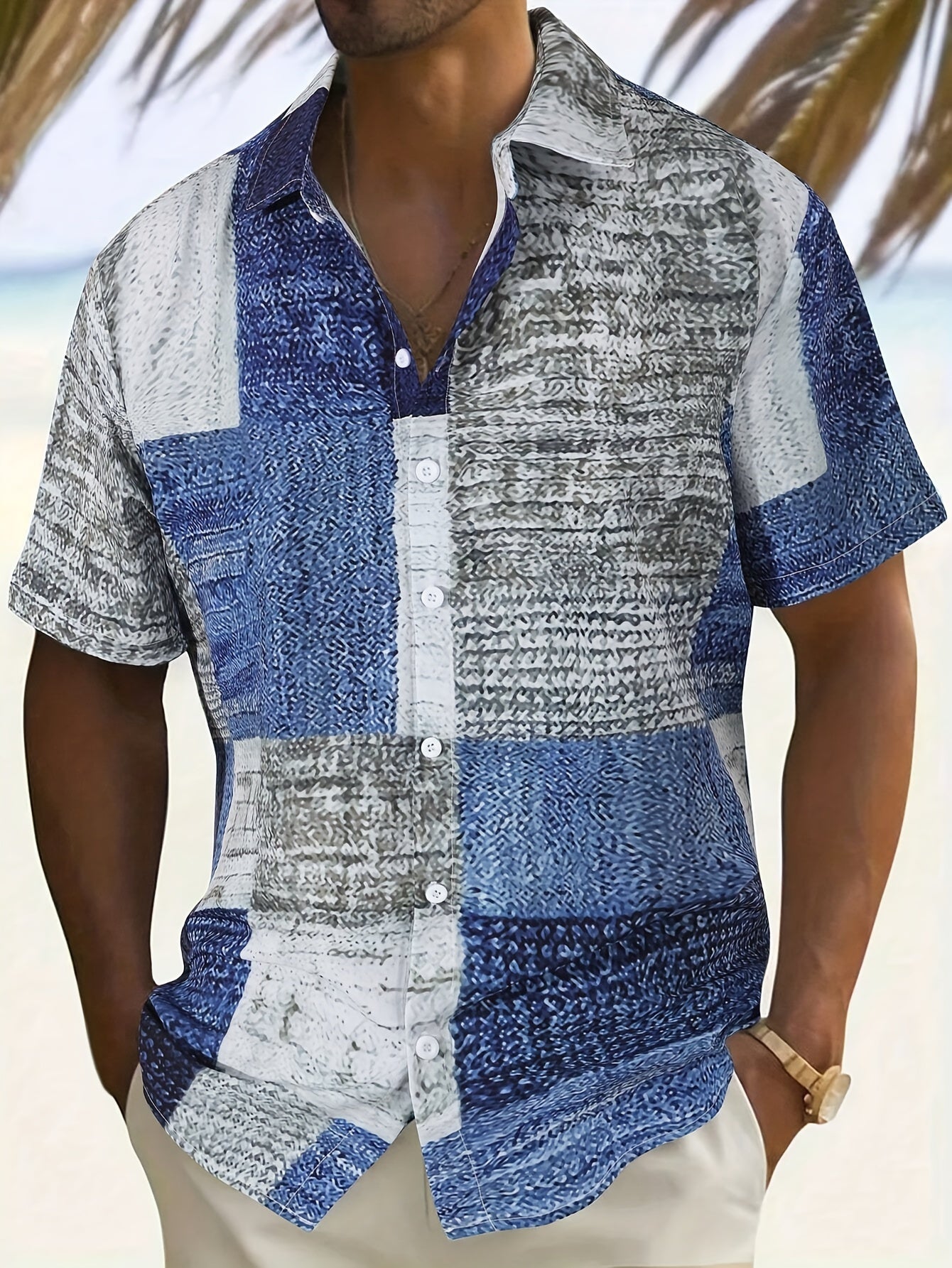 Royce | Casual herenoverhemd met korte mouwen en patchworkprint in contrasterende kleuren