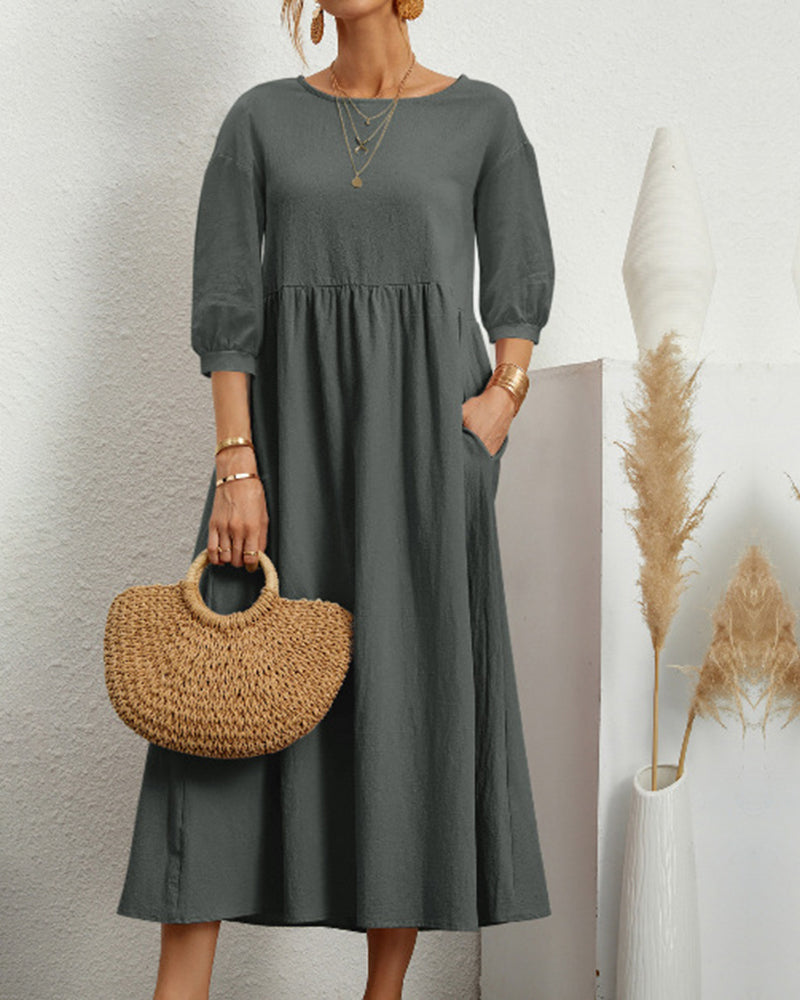 Tiana | Dames Midi-jurk van katoen en linnen - Ballonmouwen, Casual Boho Chic Jurk