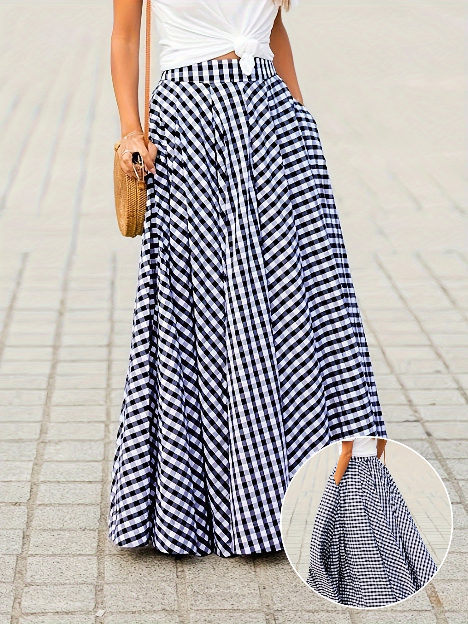 Mirthea | Gingham midirok voor dames - hoge taille, vloeiende A-lijn, elegant en lichtgewicht