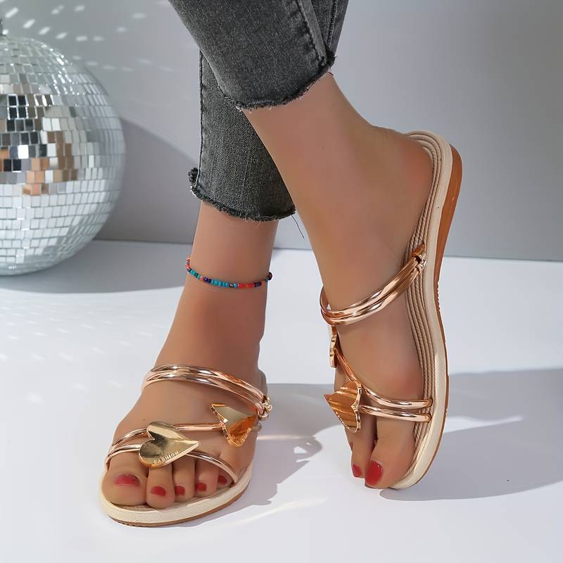 Lovique | Platte metallic sandalen voor dames - Elegant open teen hart ontwerp