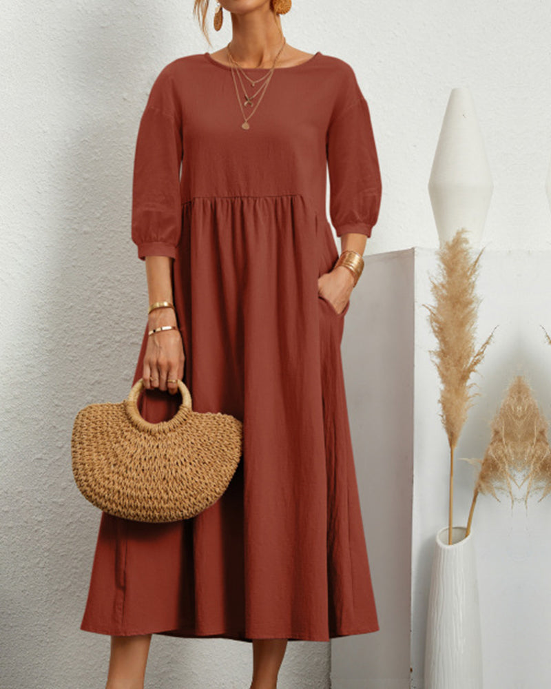 Tiana | Dames Midi-jurk van katoen en linnen - Ballonmouwen, Casual Boho Chic Jurk