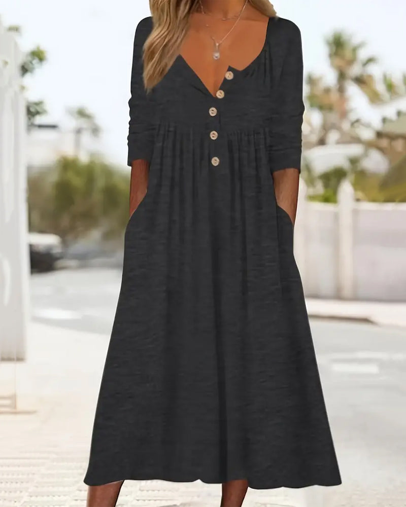 Fienne | Midi-jurk - Elegant ontwerp met halve knopen, halve mouwen, casual of zakelijke kleding