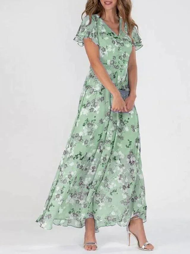 Euthalia | Soepel vallende bloemige maxi jurk - Elegante V-hals lange jurk voor vrouwen