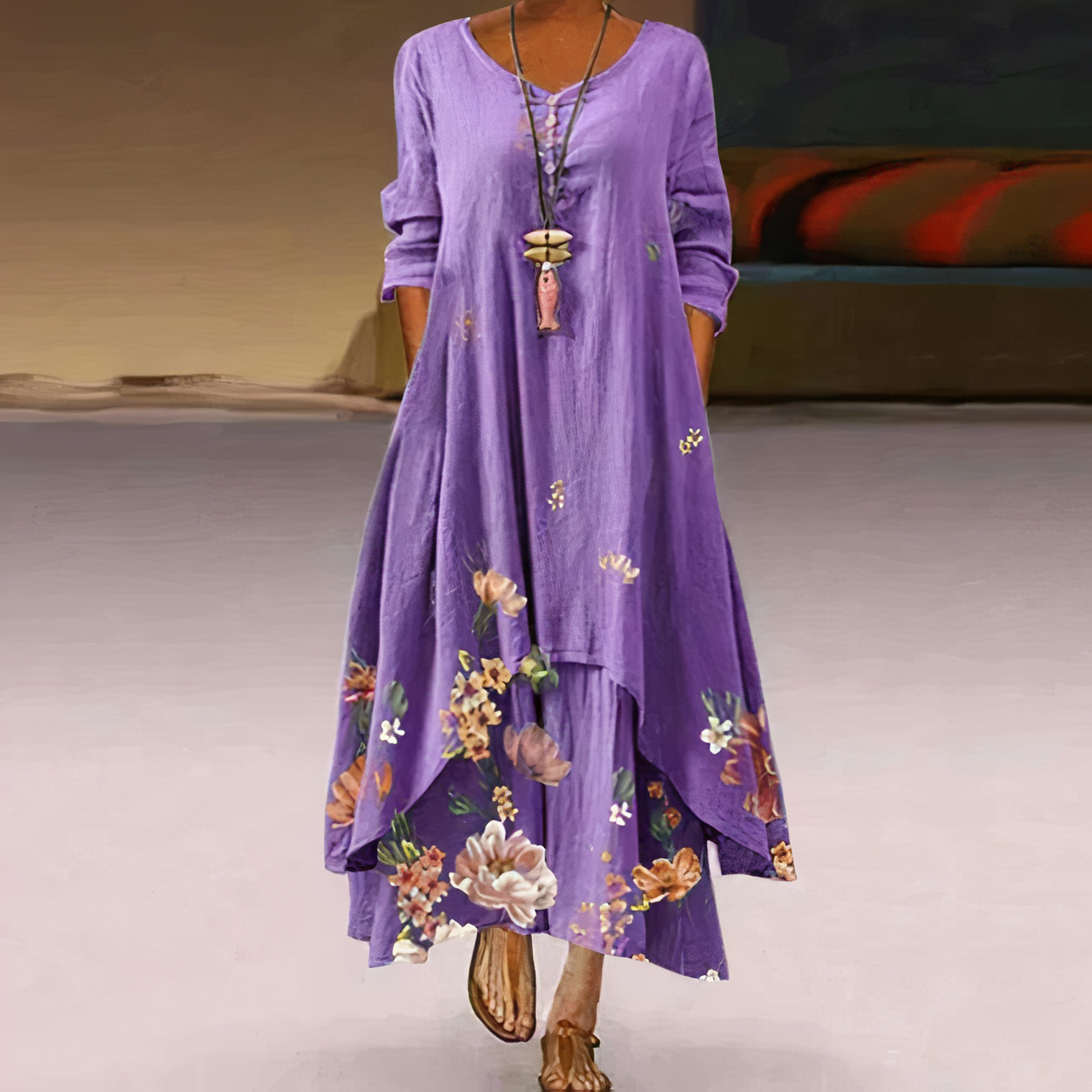 Annelore | Bloemenjurk voor dames – Lange mouwen, boho zomerjurk, elegante casual lichtgewicht jurk