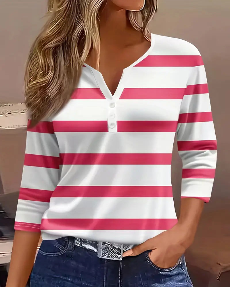 Theresia | Damesblouse met 3/4 mouwen, strepen en V-hals – Lichtgewicht herfstblouse