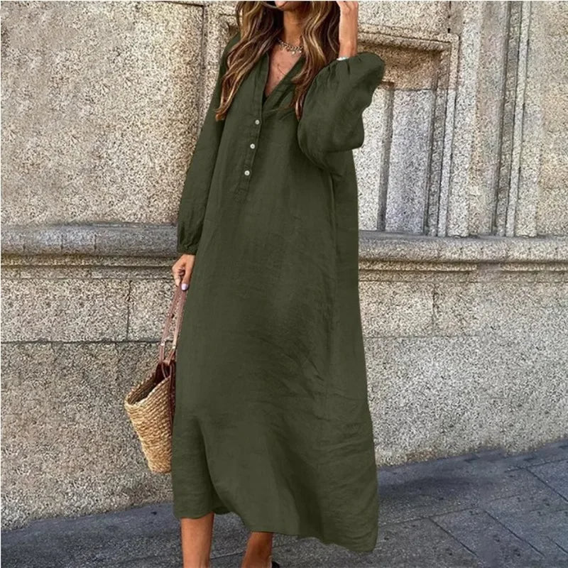 Enlyra | Linnen Midi-jurk met lange mouwen - Relaxed Fit, Lichtgewicht, Casual Zomerjurk