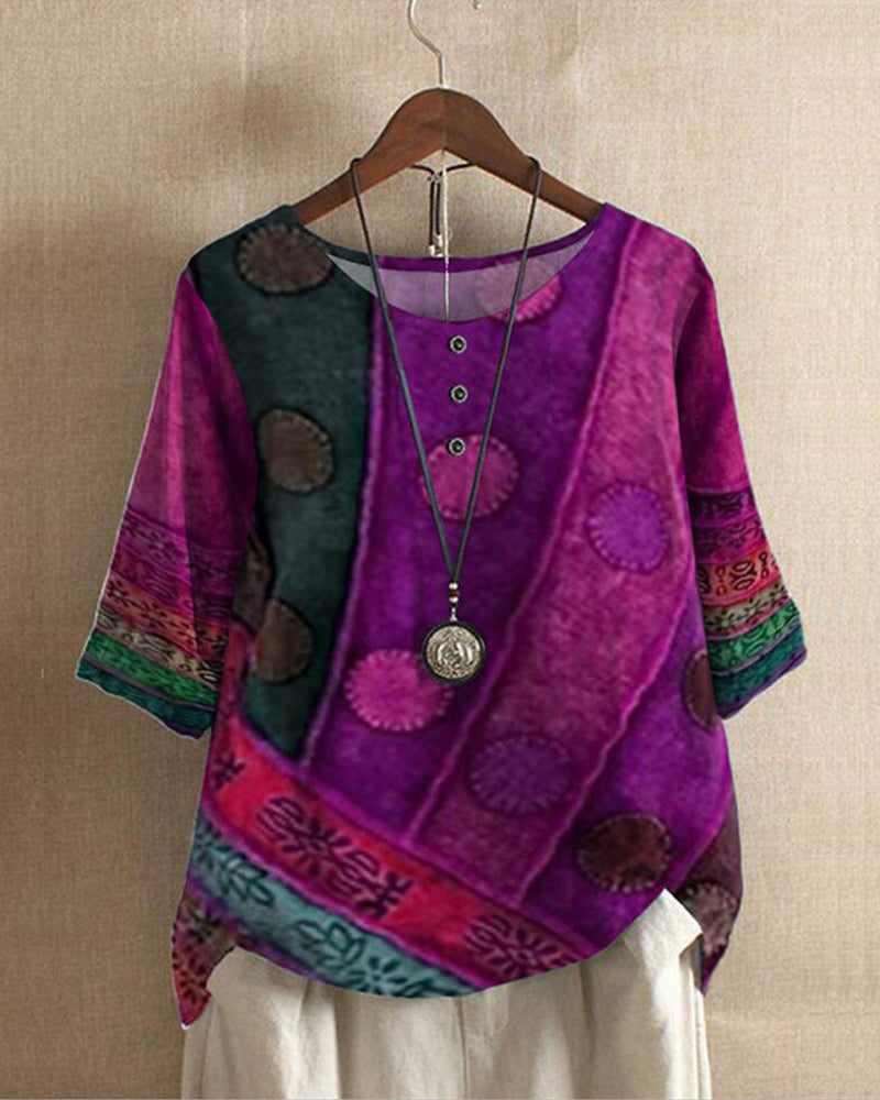 Johanne | Vintage Boho Print Top - Damestop met halve mouwen en losse pasvorm