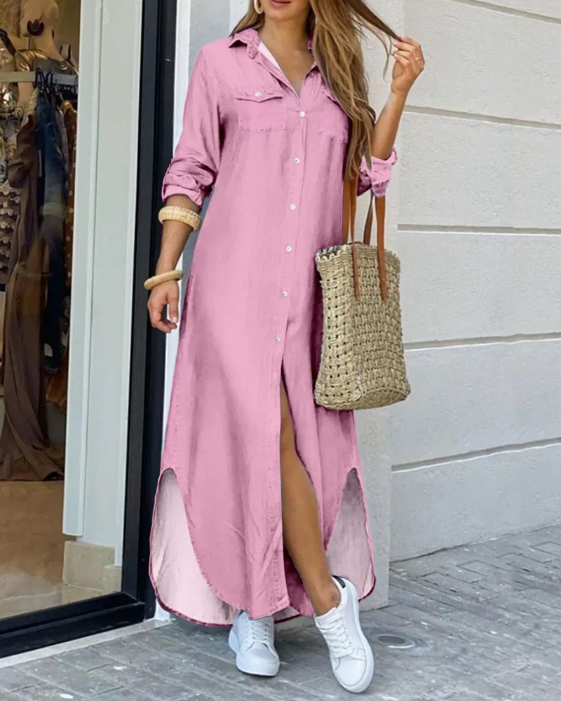 Pranvera | Lange Overhemd Jurk voor Vrouwen - Casual Lange Mouw Button-Down Maxi Jurk