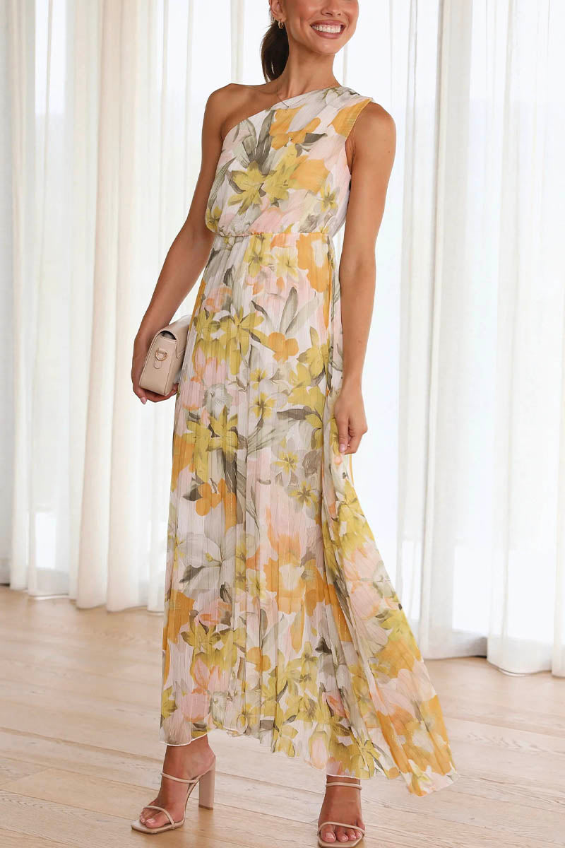 Primella | Mouwloze Bloemen Geplooide Maxi Jurk - Één-schouder Elegante Zomerjurk