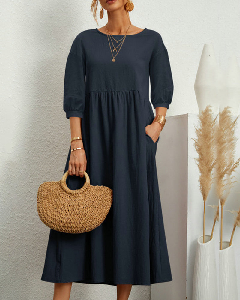 Tiana | Dames Midi-jurk van katoen en linnen - Ballonmouwen, Casual Boho Chic Jurk