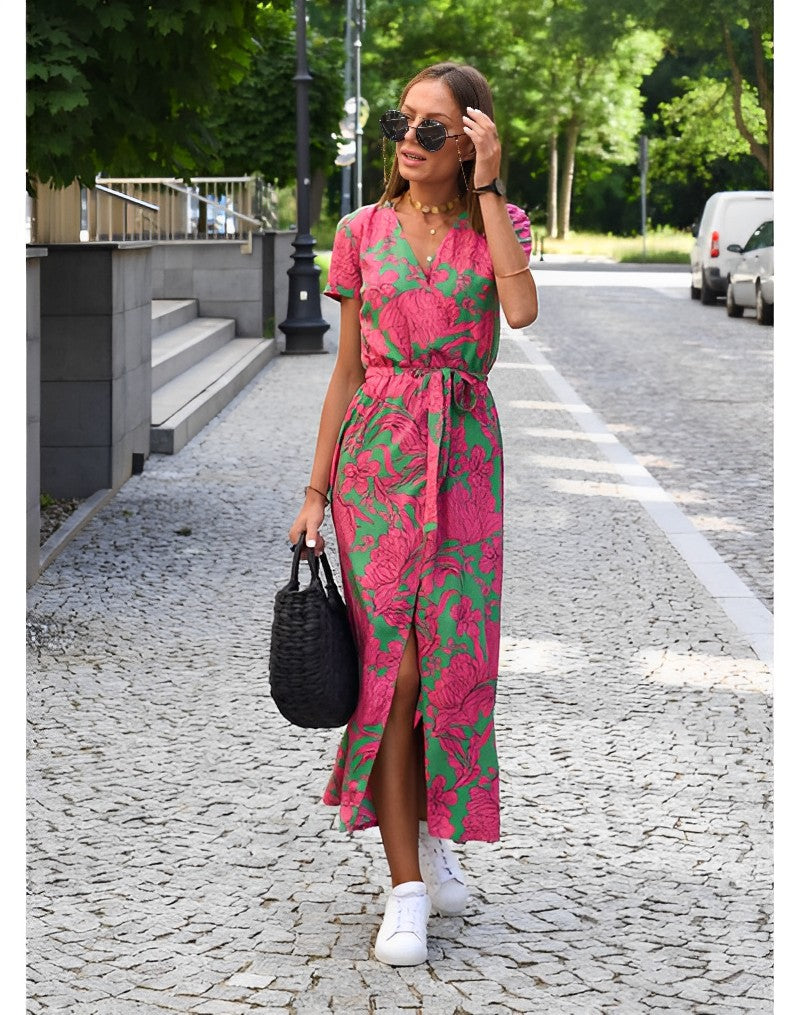 Bledina | Maxi jurk met levendige bloemenprint - Taillekoord, Lichtgewicht jurk