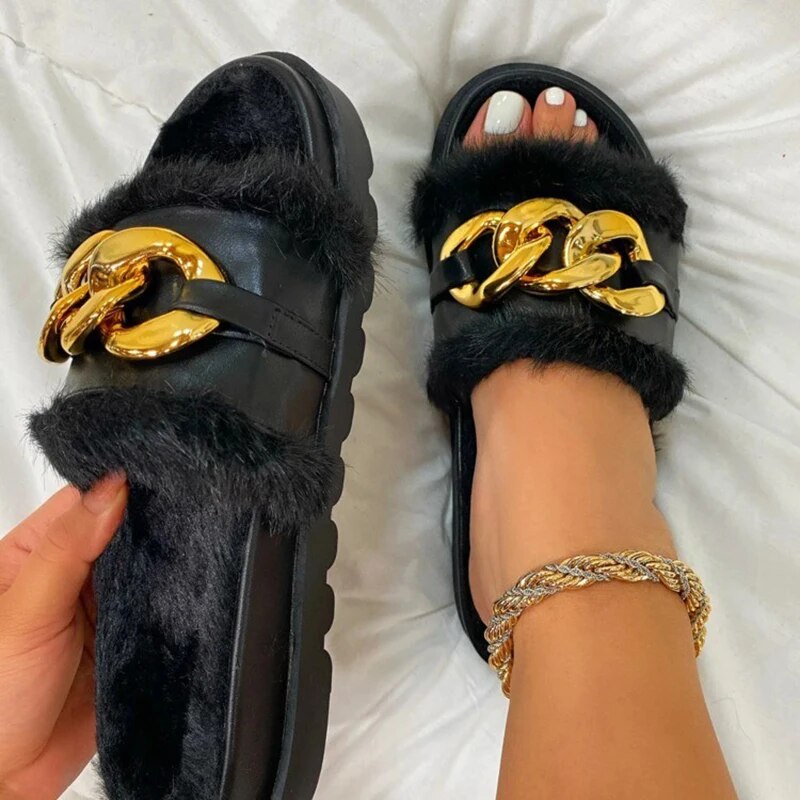 Nuvella | Open teen pantoffels van pluche voor vrouwen - Fashion Chain Sandalen, Comfort Huisschoenen van imitatiebont