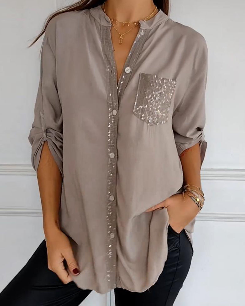 Stella | Elegante Pailletten Blouse - Casual Knoopsluiting Top met Verstelbare Manchetten