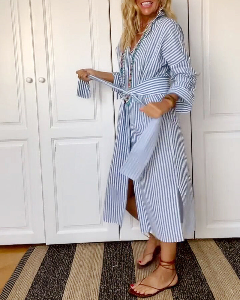 Roswitta | Hemdjurk met lange mouwen en riem, elegante casual Midi Hemdjurk voor vrouwen