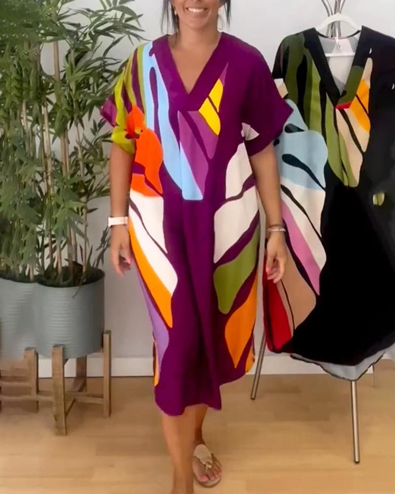 Elzbieta | Midi-jurk met V-hals en bladprint - korte mouwen, katoenmix